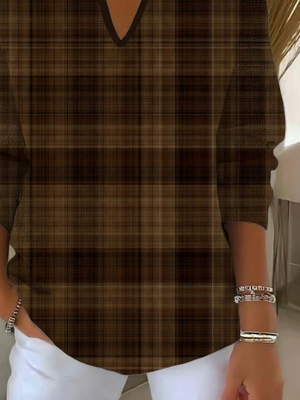 Women's Plaid Print Casual Collared Sweater