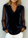 Velvet Polka Dots Party V Neck Long Sleeve Lace Block Elegant Blouse