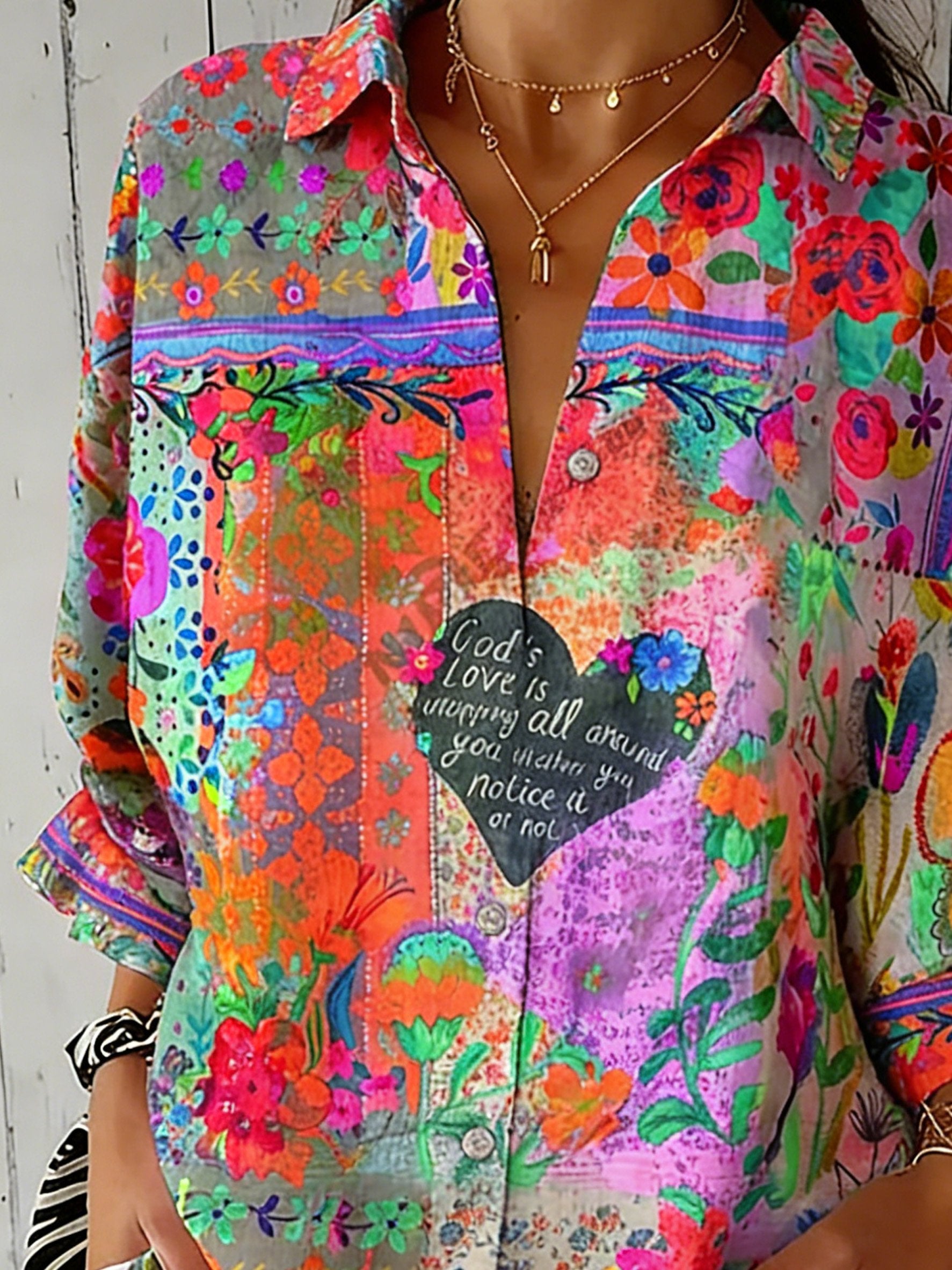 Women's Abstract Floral/Heart Print Casual Shirt