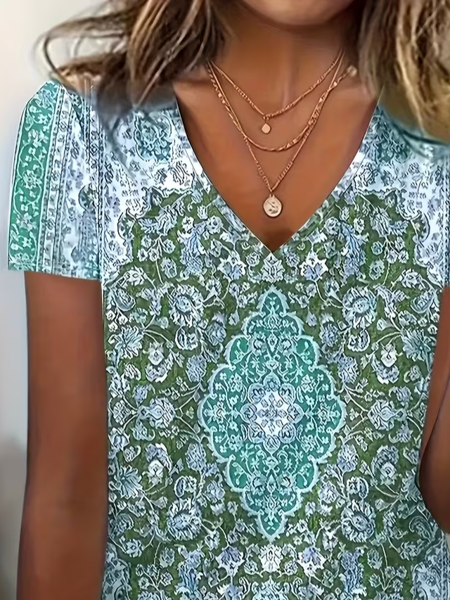 Women's Short Sleeve T-shirt Summer Green Ethnic Printing V Neck Holiday Going Out Vintage Top