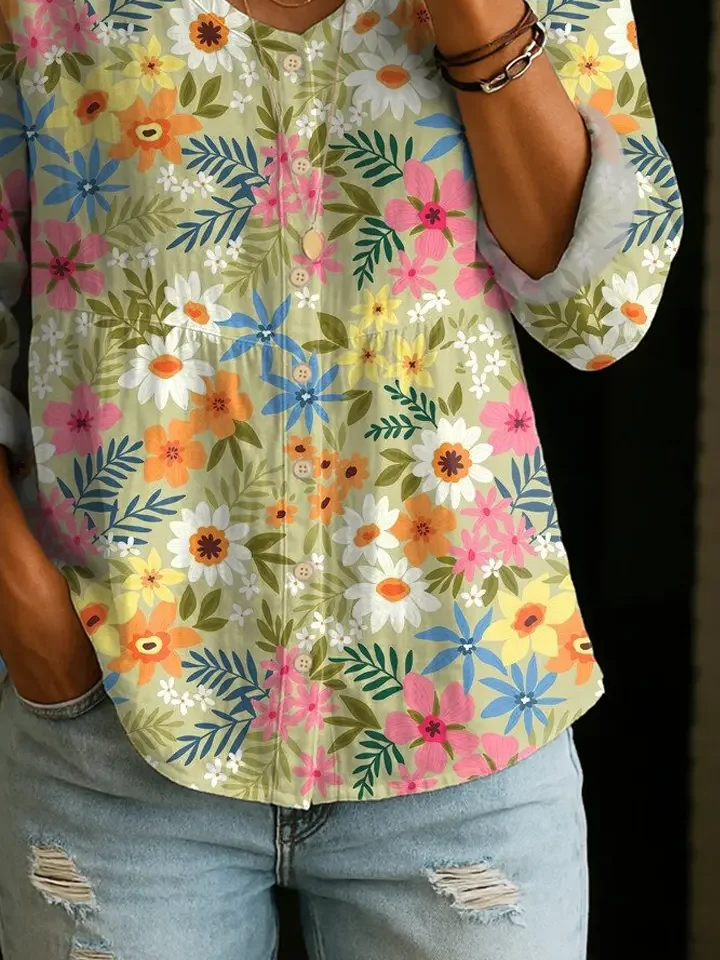 Women's Long Sleeve Blouse Spring/Fall As Picture Floral Printing V Neck Daily Going Out Casual Top