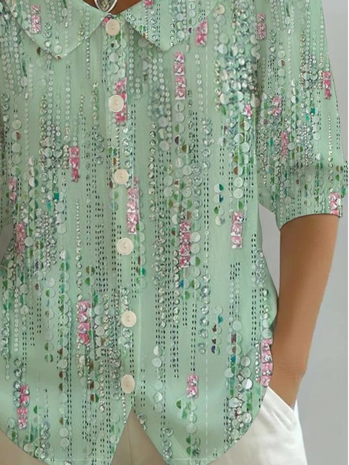 Women's Half Sleeve Shirt Summer Green Abstract Printing Shawl Collar Daily Going Out Casual Top