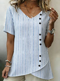 Striped Cotton And Linen Elegant V Neck Shirt