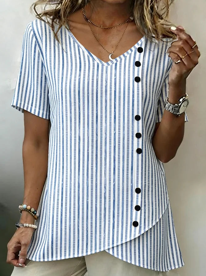 Striped Cotton And Linen Elegant V Neck Shirt