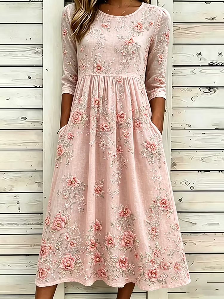 Women's Half Sleeve Summer Pink Floral Printing Crew Neck Daily Going Out Casual Maxi H-Line Dress
