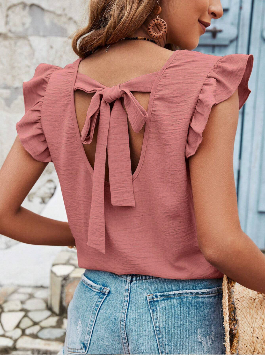 Plain Vacation Regular Fit Crew Neck Elegant Ruffle Bow Tie Casual Top