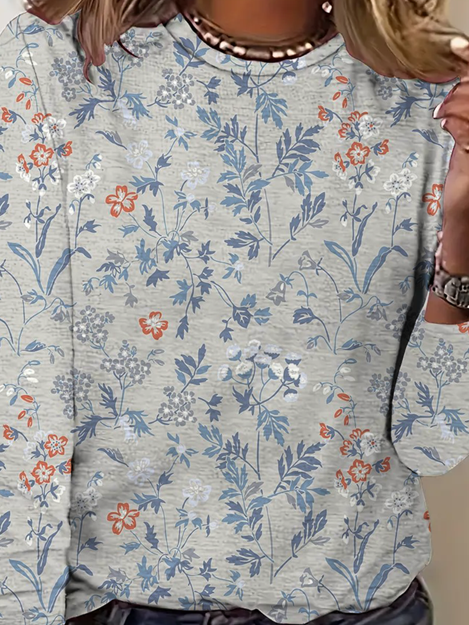 Women's Round Neck Long Sleeve Vintage Floral Casual T-Shirt