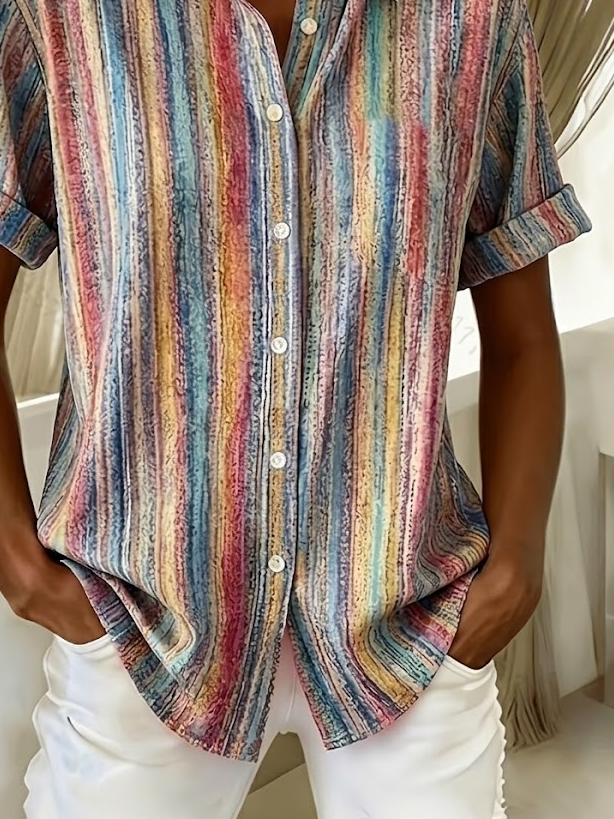 Women's Short Sleeve Shirt Summer As Picture Abstract Stripes Printing Shirt Collar Daily Going Out Casual Top