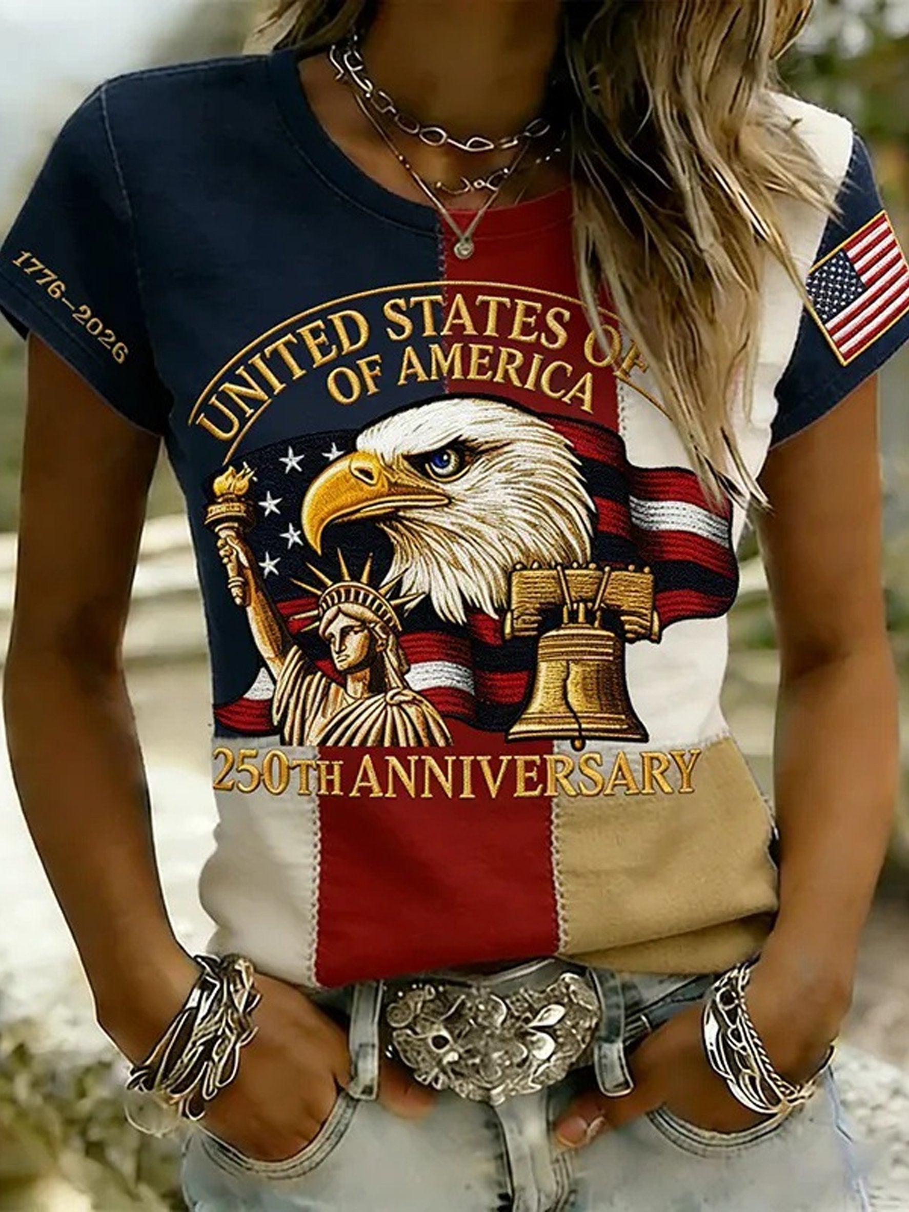 3D Printing Vintage Crew Neck Eagle Old Glory Jersey T-Shirt
