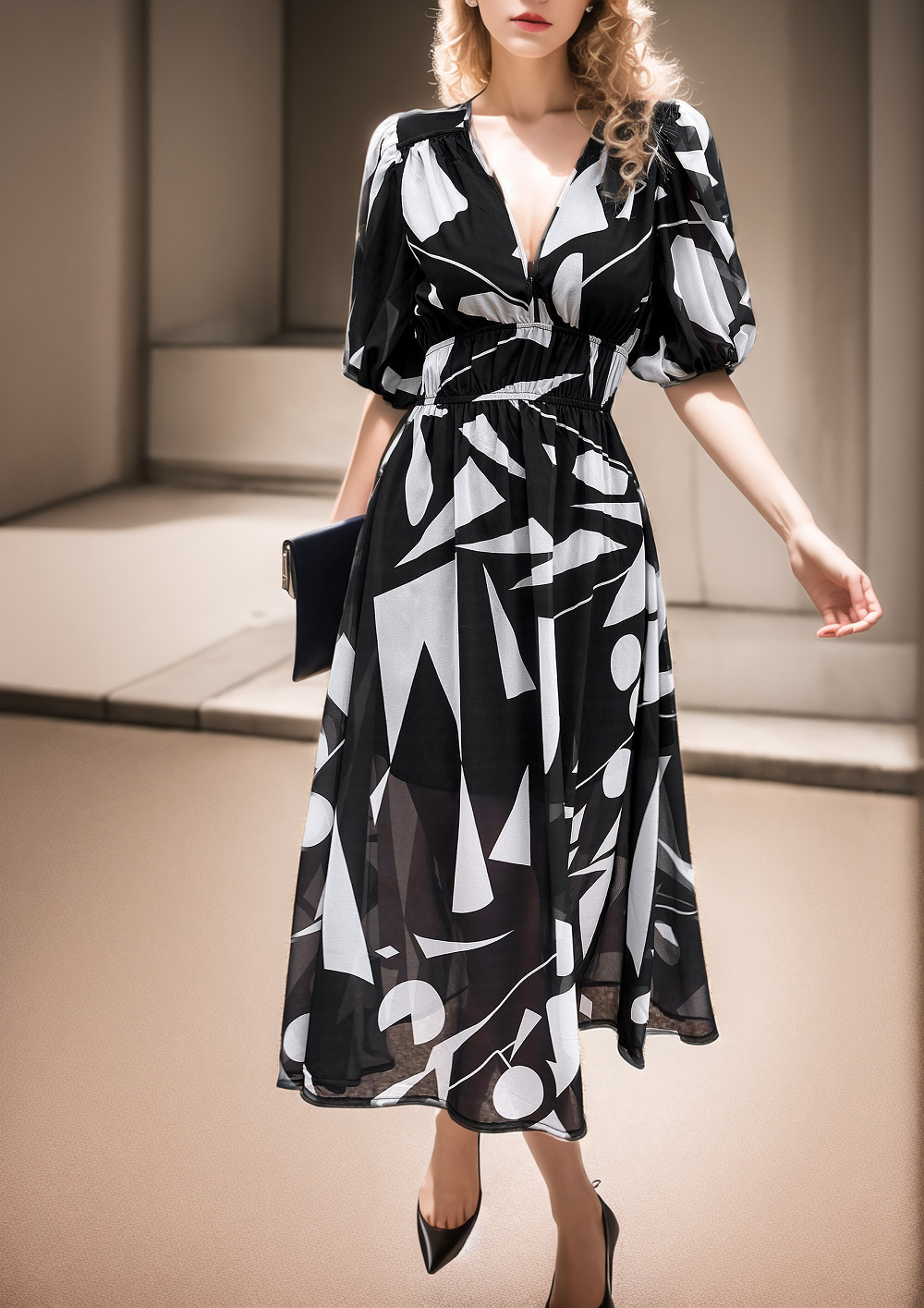Puff Sleeve V Neck Floral Elegant Dress With No