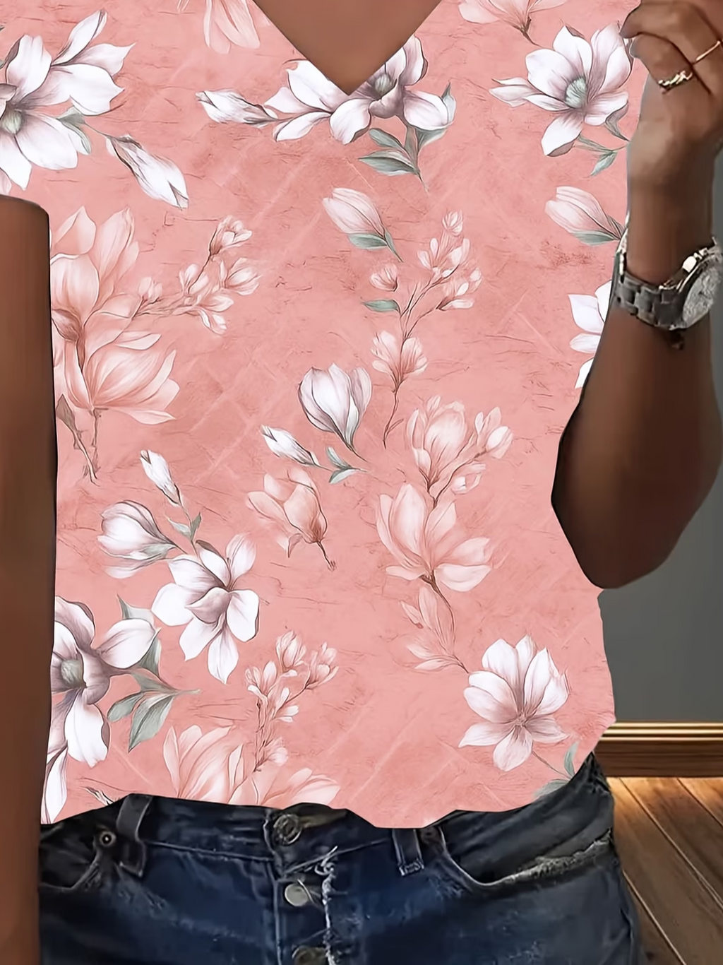 Women's Short Sleeve T-shirt Summer Pink Floral Printing V Neck Holiday Going Out Vintage Top